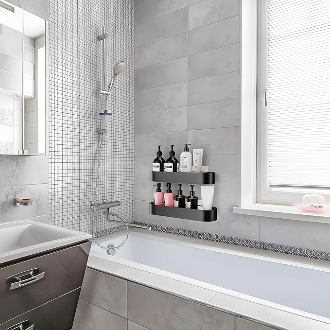 Adhesive Shower Caddy, 2 Pack X-Large Bathroom Organizers and Storage with Large Capacity and 4 Hooks, No Drilling Shower Shelf for Inside Shower for Bathroom, Dorm and Kitchen