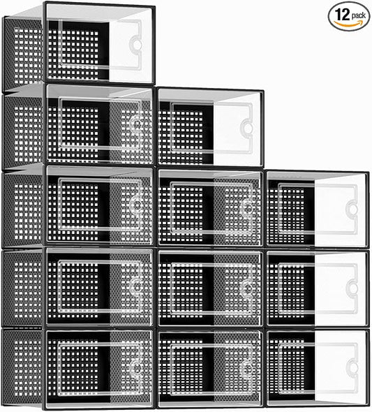 Kuject X-Large Shoe Storage Boxes Organizers Clear Plastic Stackable 12 Pack, Shoe Rack & Holder Substitute, Sneaker Containers, Toy Storage Organizer Bins for Entryway, Closet, Under Bed, Black-NeatNest