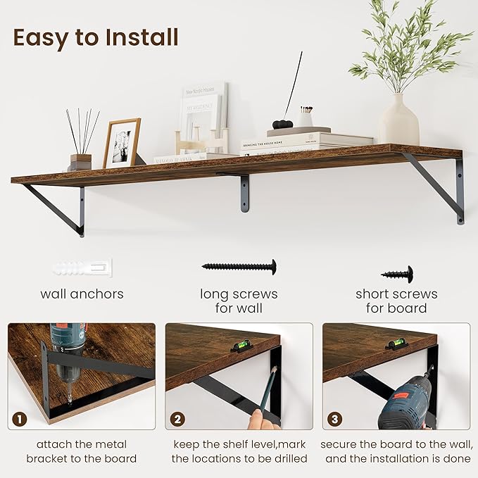 Fun Memories Deep Floating Shelves for Wall, 55W x 8D Wall Mounted Shelves Set of 2, Wide Display Ledge Shelf with Sturdy Metal Brackets for Living Room, Bathroom, Bedroom and Kitchen, Rustic Brown-NeatNest