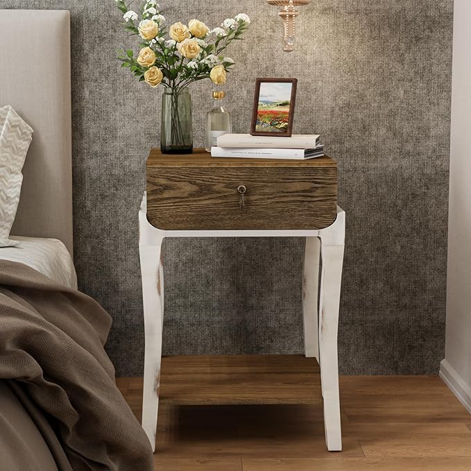 COSIEST Rustic Nightstand, 2-Tier Farmhouse Bedside Table, Wood Accent End Table with Storage Drawer and Open Display Shelf for Bedroom Nursery Living Room(Walnut)-NeatNest