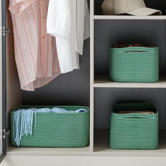 3-Pack Storage Baskets for Organizing | Woven Shelf Toy Basket | Rope Baskets for Gifts Empty | Closet Organizer Bins with Handles | Cube Decorative Box | 13.7×7.1×6.7” | Dark Green-NeatNest