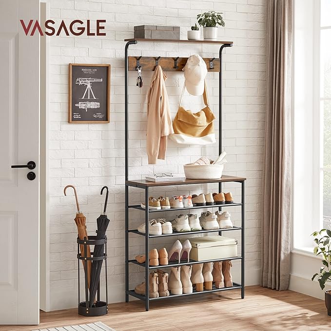 VASAGLE Hall Tree with Shoe Bench, Coat Rack Shoe Bench, 5-Tier Shoe Rack Different Heights, 5 Dual Hooks, Top Shelf, Entryway Organizer, Hallway Bedroom Dorm, Rustic Brown and Black UHSR408B01-NeatNest
