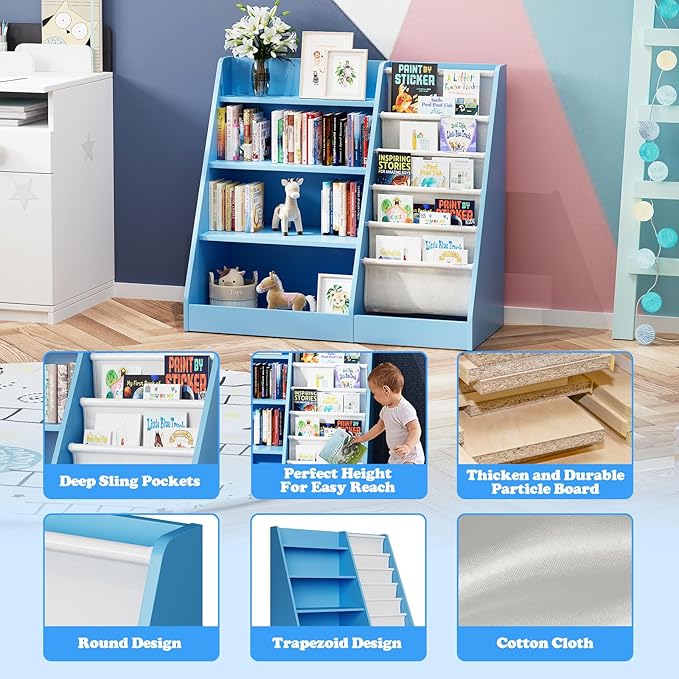 Blue 4 Tier Kids Wooden Bookshelf,Five Layer Sling Bookcase,Baby Storage Book Rack,Child Book and Toy Organizer Cabinet Chest,Toddler Book Display Playroom Kids Room Bedroom Classroom Nursery Library-NeatNest