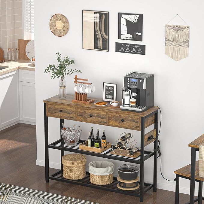 Ecoprsio 47'' Entryway Table with Outlets and USB Ports, Console Table with 3 Drawers, Sofa Table Narrow Long with Storage Shelves for Living Room, Couch, Hallway, Foyer, Kitchen Counter, Rustic Brown-NeatNest