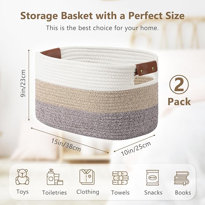 Cotton Rope Basket , Storage Baskets with Handle, 15x10x9 Inch Woven Basket for Shelves, Laundry, Towels, Clothes, Books, Toys (Gradient Brown 2 Pack)-NeatNest