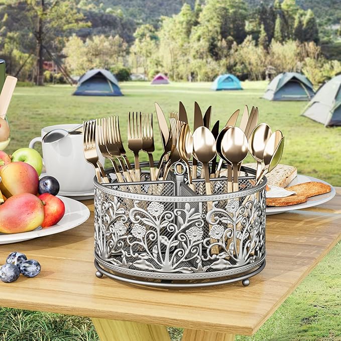 360° Rotating Utensil Caddy - Silverware Cutlery Caddy Holder with 4 Compartment, Metal Flatware Organizer Countertop with Handle for Party Camping Picnic, Kitchen Counter, Office (Silver)-NeatNest