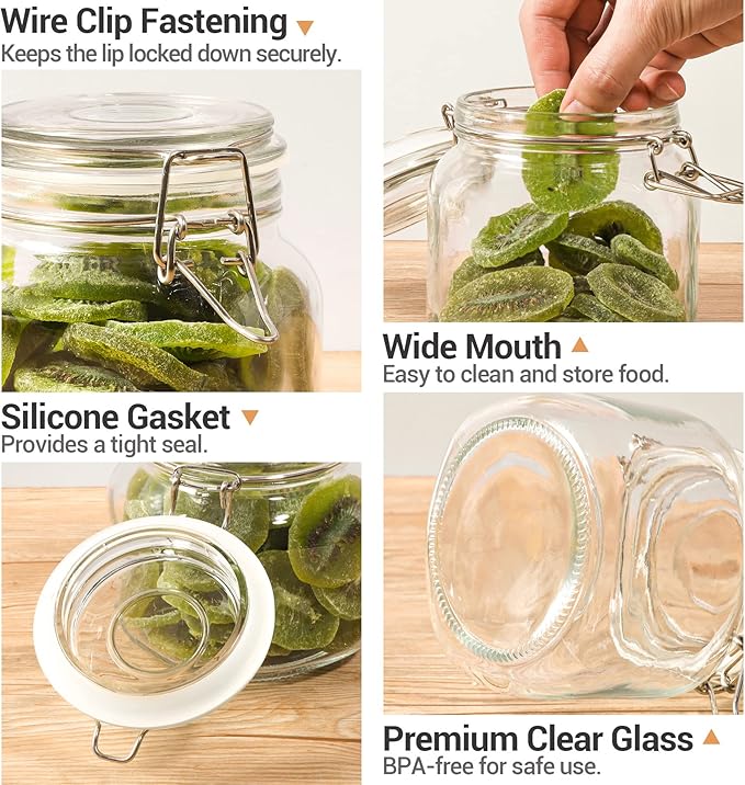 ComSaf Airtight Glass Canister Set of 3 with Lids 34oz Food Storage Jar Square - Storage Container with Clear Preserving Seal Wire Clip Fastening for Kitchen Canning Cereal,Pasta,Sugar,Beans,Spice-NeatNest