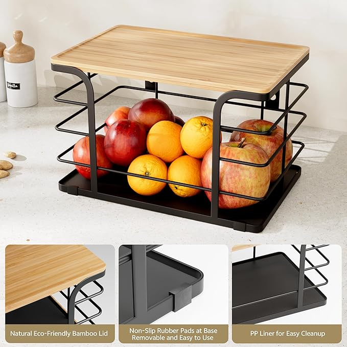 2 Pack Onion Storage,Stackable Pantry Organizers and Storage with PP Liner and Bamboo Top,Kitchen Organization Counter Basket for Fruits,Produce,Vegetable, Black