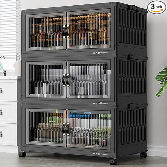 360Qt Stackable Storage Bins with 3 Lids, Extra Large Closet Organizer Collapsible Drawer Boxes with Wheels, Folding Plastic Cabinet Containers for Home Kitchen Room Organization, 3Pack Black