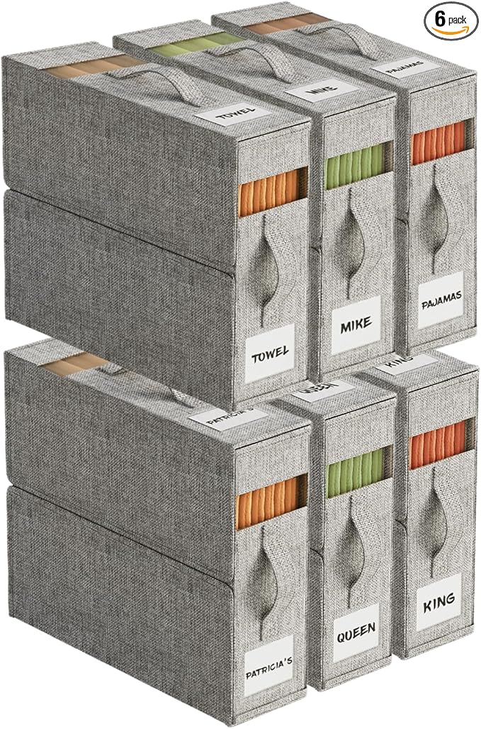 6Pack Sheet Organizers and Storage with Handles – Foldable Linen Closet Storage for King & Queen Sheet Sets – Clear Window & Removable Labels – Dustproof & Space-Saving Design,Grey-NeatNest