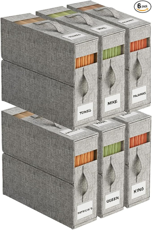 6Pack Sheet Organizers and Storage with Handles – Foldable Linen Closet Storage for King & Queen Sheet Sets – Clear Window & Removable Labels – Dustproof & Space-Saving Design,Grey-NeatNest