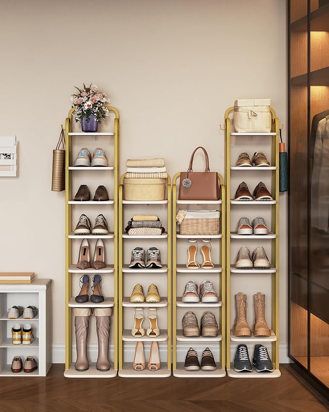 8 Tiers Vertical Shoe Rack, Narrow Shoe Tower, Tall Shoes Shelf with 2 Hooks, Adjustable Shelves, Corner Shoes Shelves for Small Spaces, Entryway, Living Room, White Gold SR04313A-NeatNest