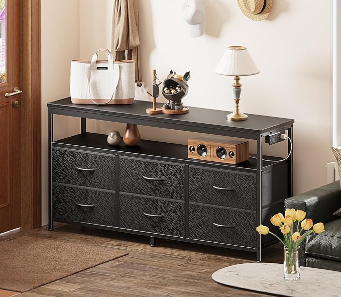 Huuger LED TV Stand for Bedroom, 47 Inch Dresser TV Stand for 43, 50, 55 Inch TV, Black TV Stand with Storage, Entertainment Center with Power Outlets, 6 Drawer Fabric Dresser for Living Room-NeatNest