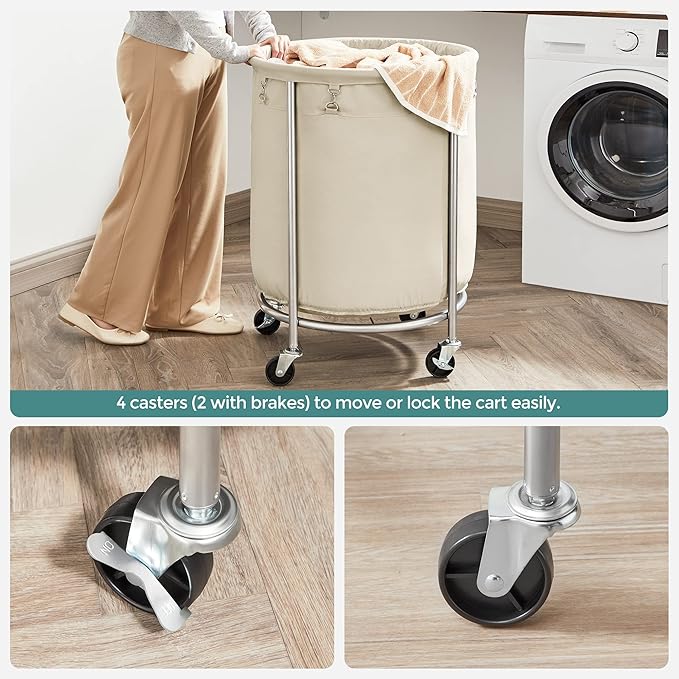 SONGMICS Laundry Basket with Wheels, Rolling Laundry Hamper, 45 Gal., Round Laundry Cart with Steel Frame and Removable Bag, 4 Casters and 2 Brakes, Cream and Silver URLS01MZ