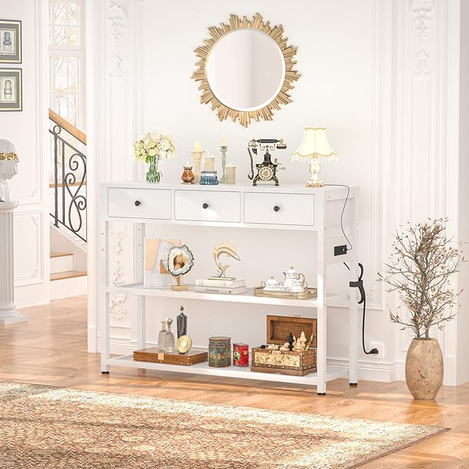 Ecoprsio 47'' Entryway Table with Outlets and USB Ports, Console Table with 3 Drawers, Sofa Table Narrow Long with Storage Shelves for Living Room, Couch, Hallway, Foyer, Kitchen Counter, White-NeatNest