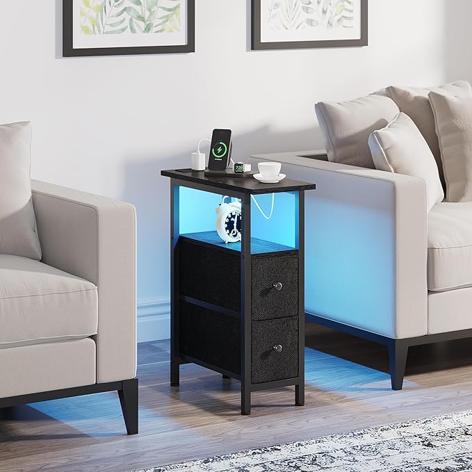 End Table with Charging Station, Narrow Side Table with 2 Fabric Drawers, Skinny Nightstand with LED Light, Slim Bedside Table for Bedroom, Living Room, Small Spaces, Black