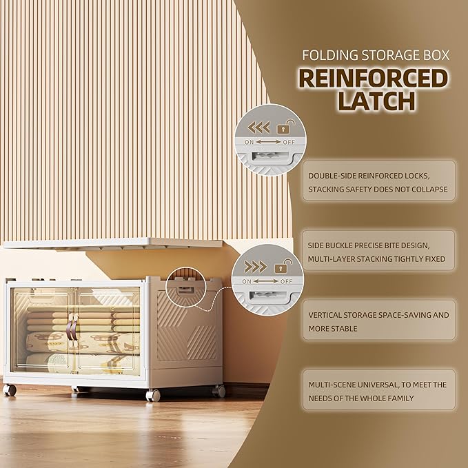 104 QT / 26 Gal Stackable Collapsible Storage Bins with Magnetic Doors & Wheels - Space-Saving Plastic Organizer Cabinet for Closet, Office, Home (White)-NeatNest