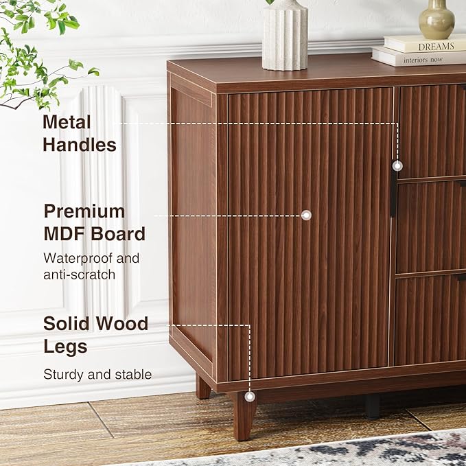 47.2" W Storage Cabinet with 3 Drawers, Fluted Buffet Cabinet with Storage, Large Sideboard with 2 Door, Modern Mid Century TV Stand Coffee Bar Cabinets for Living Room, Kitchen, Entryway