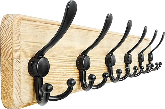 Dseap Coat Rack Wall Mounted - 24" Long 6 Tri Hooks, Heavy Duty Wooden Wall Coat Hanger Coat Hook for Clothes Hat Jacket Clothing, Weathered Light Natural and Black
