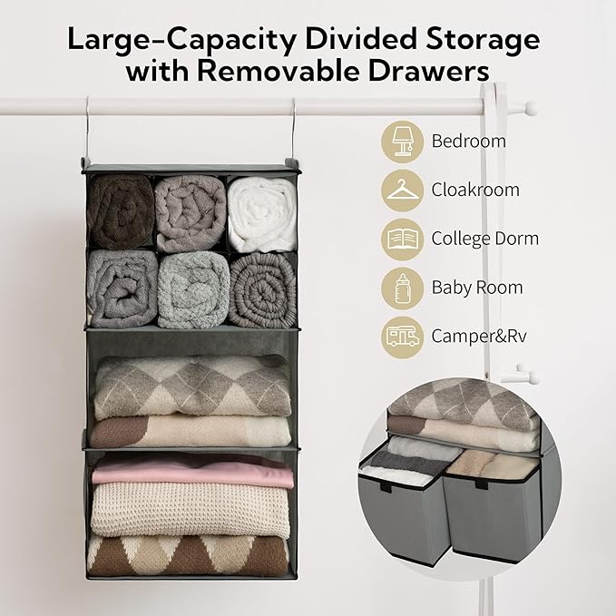GRANNY SAYS Hanging Closet Organizer with Drawers, 4 Shelf Dividers Closet Hanging Organizer, Foldable Hanging Shelves for Wardrobe Closet, Small Closet Organizers for Clothes Shoes, Grey-NeatNest