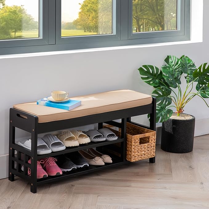 Wooden Shoe Rack with Bench Seat - Black Acacia Wood Entryway Organizer with Cushioned Top & Easy-Move Handles - Multi-Level Shoe Shelf (39.4 x 11.6X 19.29)-NeatNest
