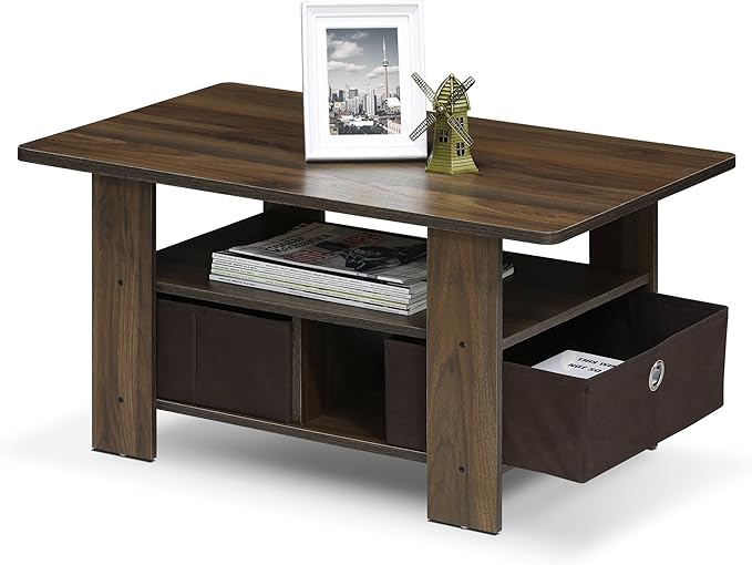 Furinno Andrey Coffee Table with Bin Drawer, Columbia Walnut/Dark Brown-NeatNest