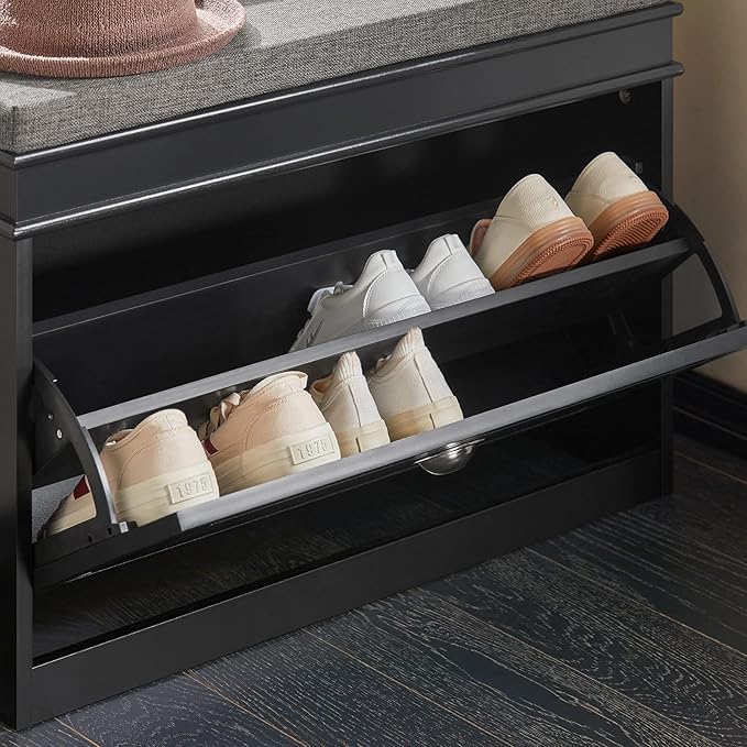 Haotian Shoe Storage Bench with Cushion, Black Narrow Shoe Rack for Entryway, Small Shoe Cabinet with 2 Tiers Flip-Drawer, Closet Hallway Mudroom FSR82-L-SCH-NeatNest