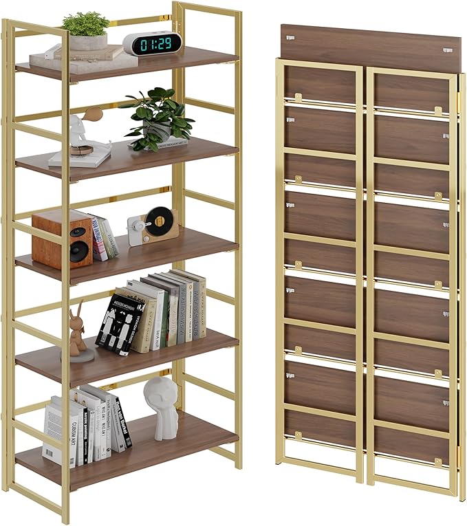 BHG Vintage Multifunctional Folding Bookshelf,5 Tier No-Assembly Plant Stand Storage Rack Shelves for Home Office (Brown&Gold, 5-Tier)-NeatNest