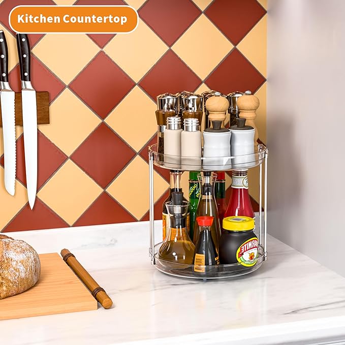 2 Tier Lazy Susan Turntable for Cabinet,Countertop,Pantry,9.5"W Spinning Seasoning Organizer,Double Rotating Kitchen Spice Rack Organizer and Condiments,Medicine,Vitamin Bottle Organizer Carousels,1Pc-NeatNest