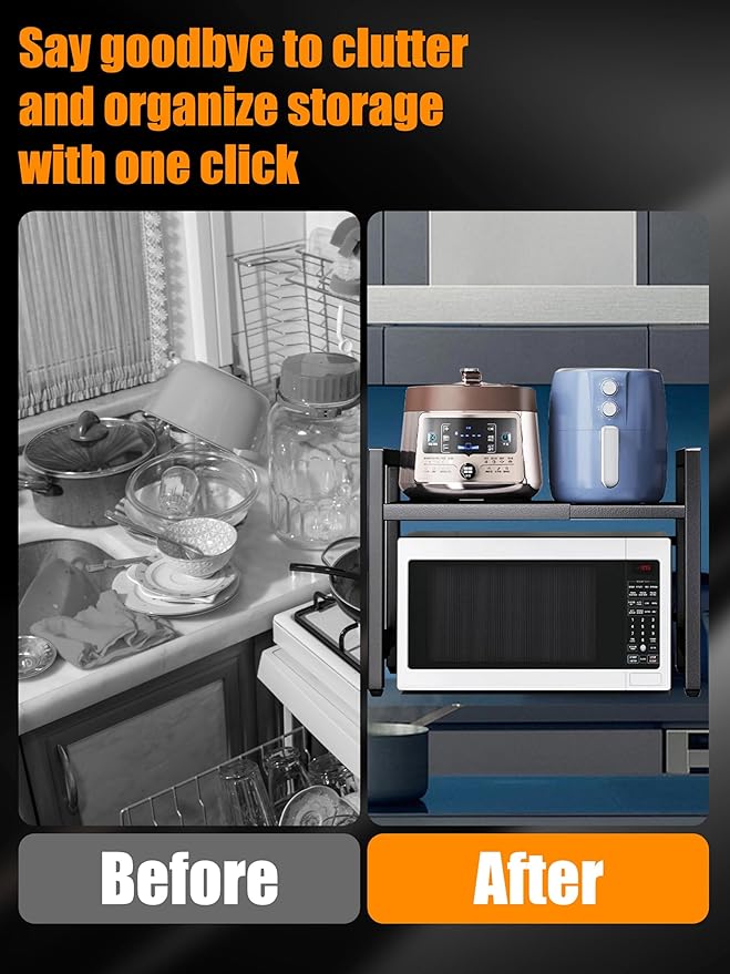 Caliee Expandable Microwave Stand, Adjustable Countertop Storage Rack for Microwave, Tableware, and Pantry Items, Space-Saving Design for Kitchen, Cabinet, and Countertop (White)-NeatNest