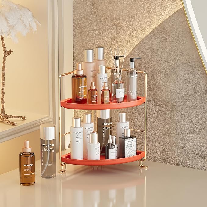 FSyueyun 2-Tier Corner Bathroom Counter Organizer, Tool-Less Installation Corner Vanity Organizer Small Plastics Countertop Makeup Tray Skincare Perfume Organizers (Gold & Orange)-NeatNest