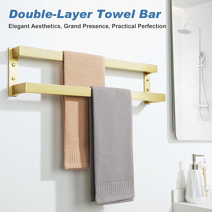 Alise Double Towel Bar 24", SUS304 Stainless Steel Towel Racks for Bathroom Wall Mounted, Heavy Duty Bathroom Towel Holder, Space Saving Towel Hanger, Brushed Gold