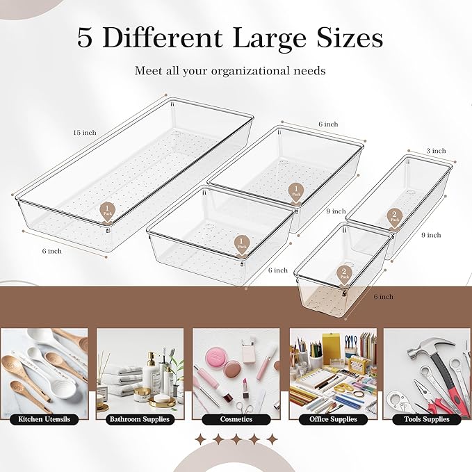 Criusia Clear Drawer Organizer 7 PCS - 5 Size Plastic Versatile Kitchen and Bathroom Organizer Trays, Non-Slip Storage Bins for Makeup, Utensils, Tool and Office Desk-NeatNest