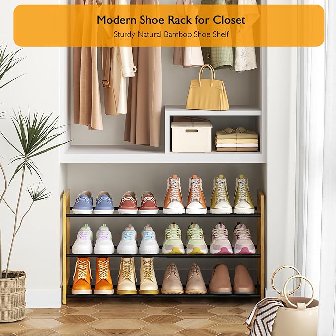 Expandable Shoe Rack for Closet,3 Tier Metal Shoes Shelf Organizer for Dorm,6-12 Pairs Small Standing Shoe Rack for Narrow Spaces,Entryway-NeatNest