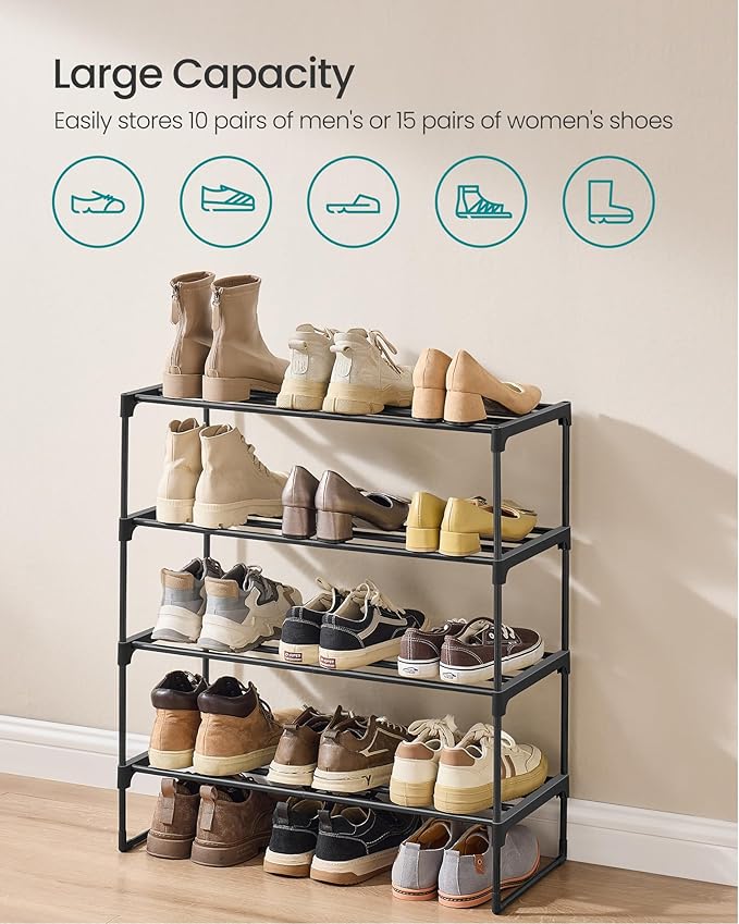 SONGMICS Shoe Rack, 4-Tier Shoe Organizer, Metal Storage Shelf, Upright or Upside Down, for 10-15 Pairs, Stackable, for Entryway, 11.8 x 26.8 x 29.5 Inches, Black ULSA204B01-NeatNest