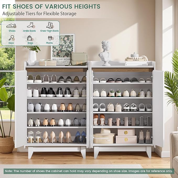 White Shoe Cabinet for Entryway, 5-Tier Shoe Storage Cabinet with Doors and Shelves, 43.7" Tall Fluted Shoe Storage Organizer Cabinet, Wooden Shoe Rack Organizer for Hallway Closet-NeatNest