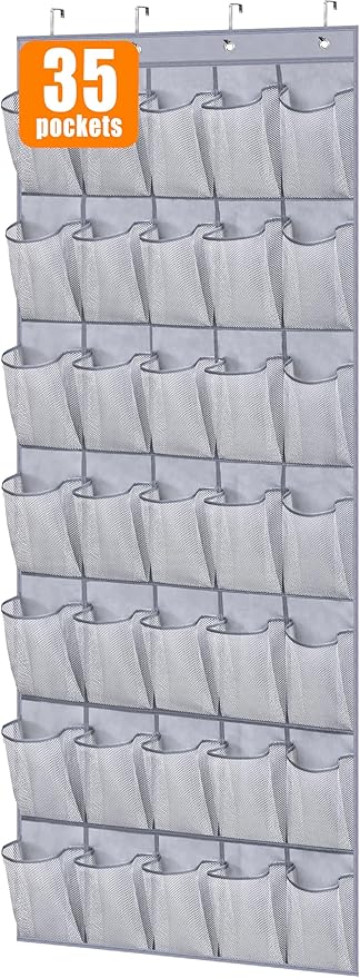 MISSLO Sturdy Oxford Shoe Organizer for Closet Door Hanging Organizer 35 Large Pockets Hanging Shoe Rack for Closet Mesh Back of Doors Shoes Storage Door Hanger, Grey-NeatNest