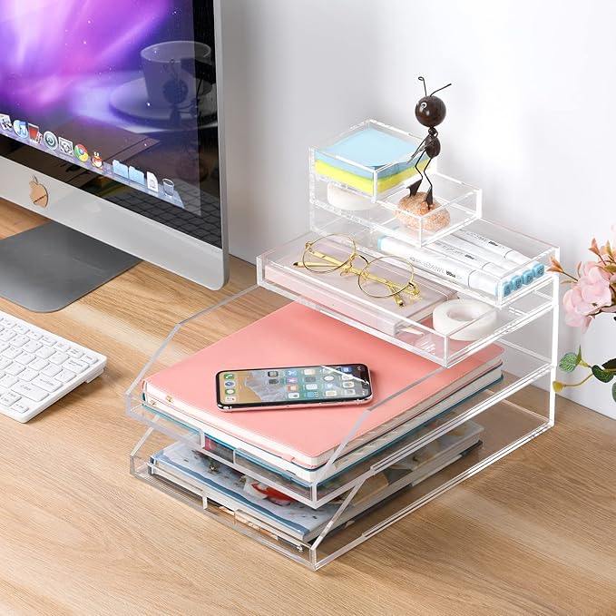 Clear Acrylic Desk Organizer for Office or Home Desk Drawer Dividers, Makeup Vanity Storage Bins, Stackable 4-Pack, Acrylic Accessory and Half Accessory Tray/Small Tray-NeatNest