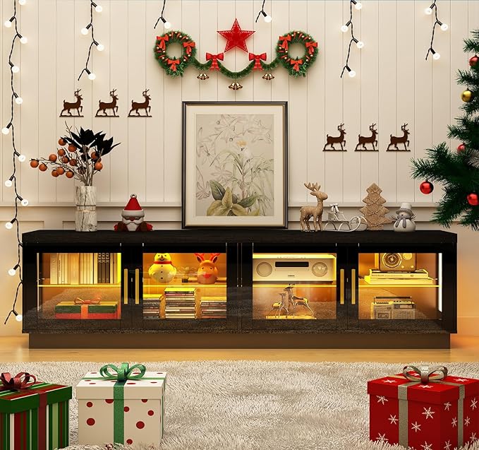 71IN LED TV Stand for 85/80/75inch TV,High Glossy Modern Black TV Stands for Living Room,Gaming Entertainment Center with Storage Cabinet,RGB LED(Black)-NeatNest