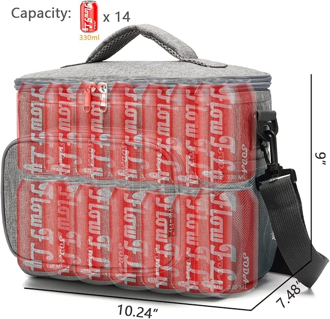 FlowFly Insulated Reusable Lunch Bag Adult Large Lunch Box for Women and Men with Adjustable Shoulder Strap,Front Zipper Pocket and Dual Large Mesh Side Pockets,Grey-NeatNest
