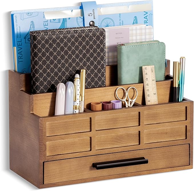 Brown Wood Desk Organizer and Accessories with Drawer, Bill Mail Organizer and File Mail Holder for Office Supplies, Rustic Desk Accessories & Workspace Organizers-NeatNest