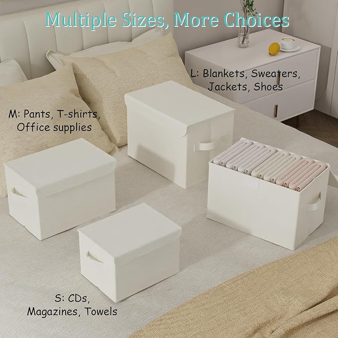 Foldable Storage Bin, Cube Organizer Basket with Flip-Top Lid and 2 Handles, Decorative Boxes for Shelves with Cover for Clothes, Towels, Blanket, 4 Pack, Beige, 13 x 9 x 7.9 In, XSNY12BEM-4-NeatNest