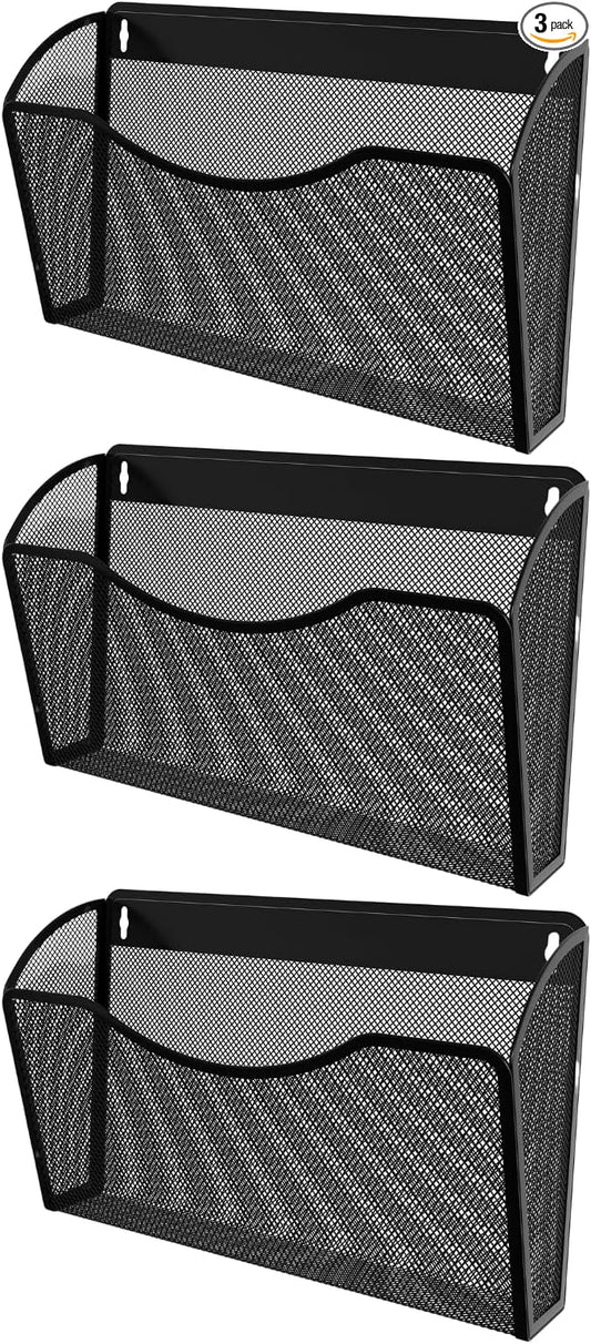 3 Single Pocket Mesh Wall File Organizer, Metal Vertical Wall Mounted Magazine Mail Paper Document Folder Holder for Office Home School, Black