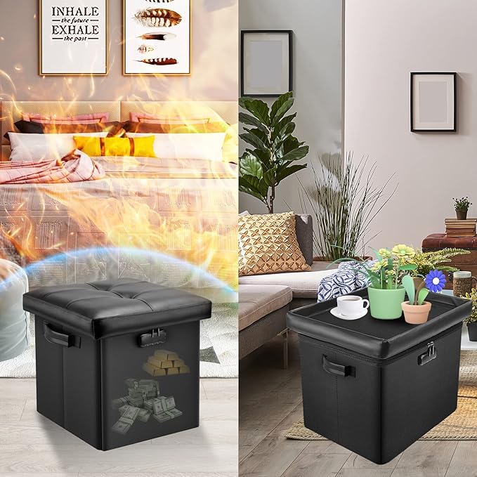 DocSafe Storage Ottoman with Lock,Fireproof Folding Ottoman Foot Rest Stool Storage Chest with Storage Safe for Important Documents,Waterproof 13 Inches Short Ottoman Foot Stool with Handles,Black-NeatNest