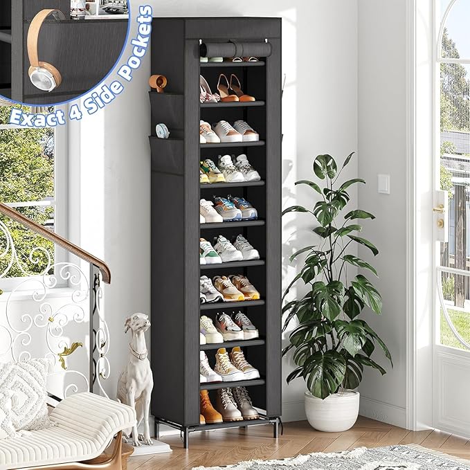 Simple Trending Narrow Shoe Rack with Cover, 10 Tier Shoe Organizer Storage, Tall Free Standing Shoe Cabinet Holds 20 Pairs for Closet, Black-NeatNest