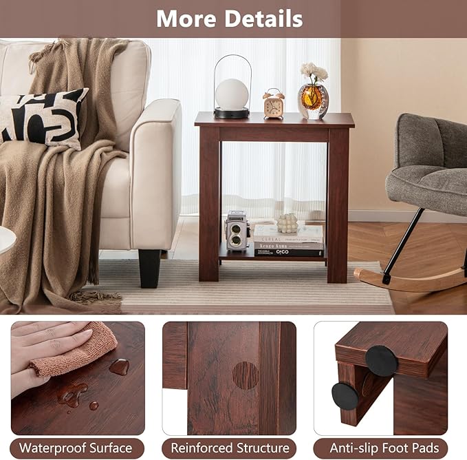 GOFLAME 24” Side Table, 2-Tier Rectangular End Table with Storage Shelf, Multipurpose Night Stand for Bedroom, Living Room, Brown