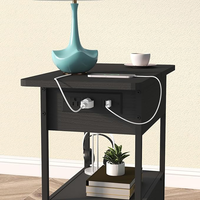 SOOWERY End Table with Charging Station, Narrow Side Table with Flip Top Cabinet and Fabric Drawer, Nightstand Bedside Tables for Small Spaces, Bedroom, Living Room, Black