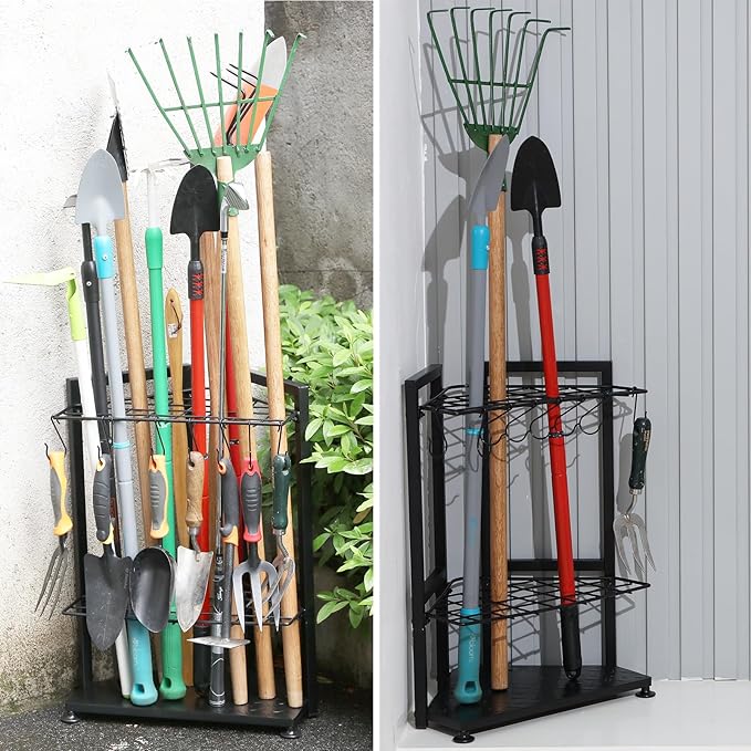 Garden Tool Organizer for Corner,Yard Tools Rack for Garage Storage Organization,Garage Tool Holder Free Standing No Mount.Heavy Duty and Solid Metal for Indoor and Outdoor Use.