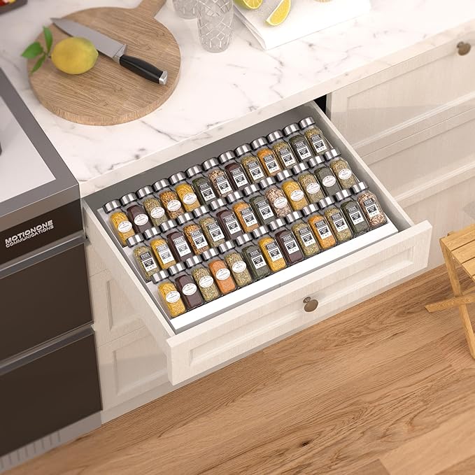 Expandable Metal Spice Drawer Organizer,3-Tier Slanted Seasoning Jars Tray for Kitchen Cabinet Drawers Insert/Countertop (Jars not included)-3Tier,2packs/White-NeatNest