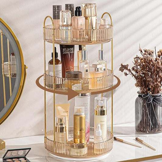 Rotating Makeup Organizer for Vanity, High-Capacity Skincare Clear Make Up Storage Perfume Organizers Cosmetic Dresser Organizer Countertop 360 Spinning (Gold, 3 Tier)-NeatNest